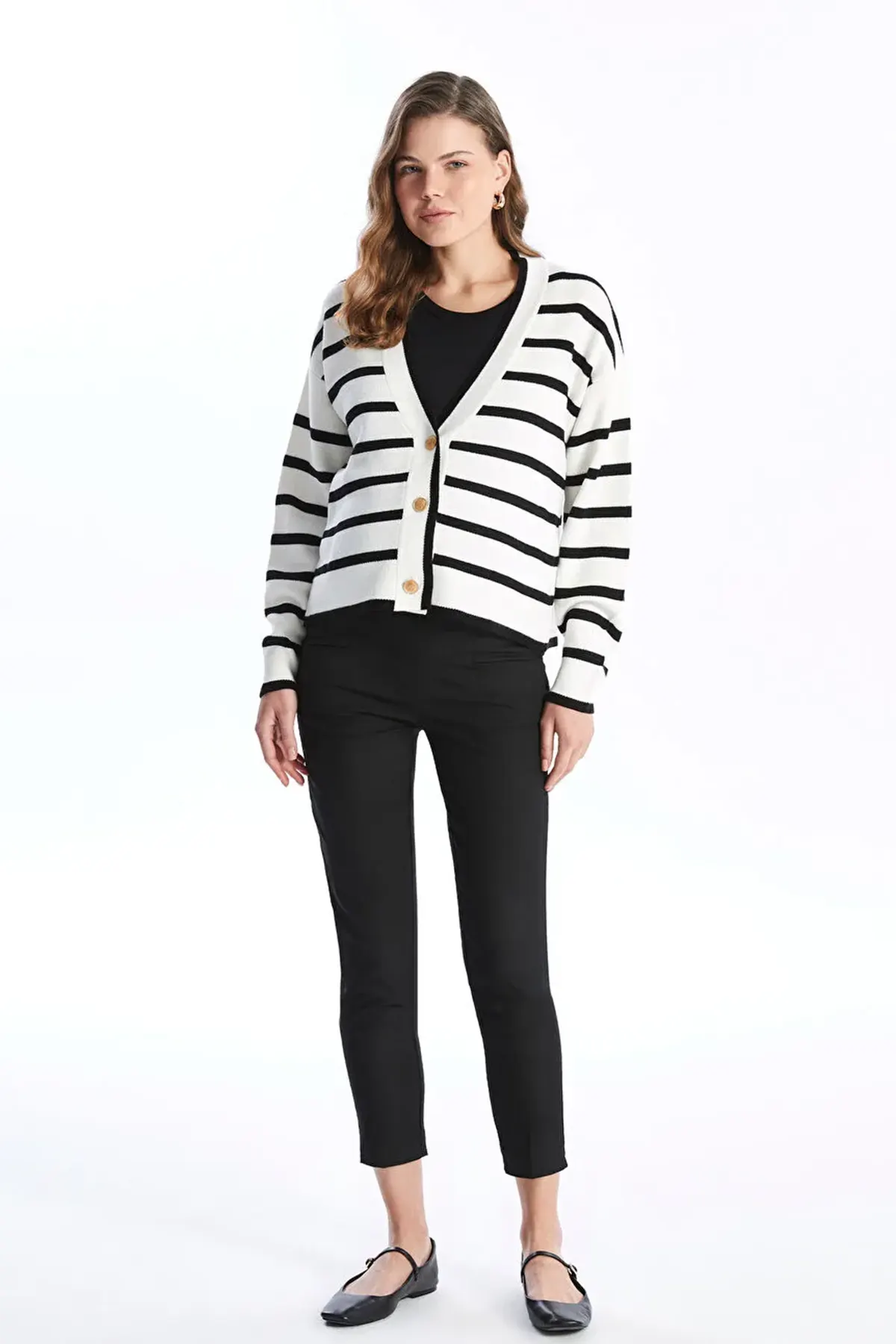 V-Neck Striped Maternity Knit Cardigan Black - 8567