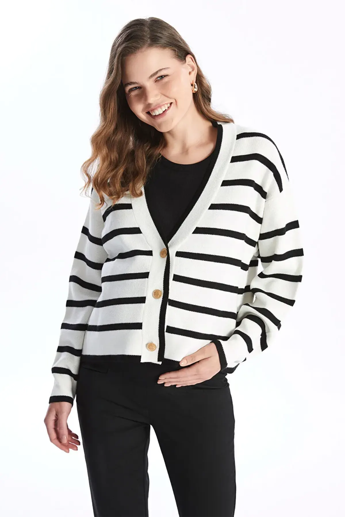 V-Neck Striped Maternity Knit Cardigan Black - 8567