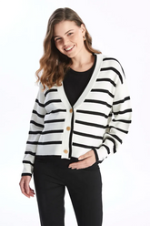 V-Neck Striped Maternity Knit Cardigan Black - 8567