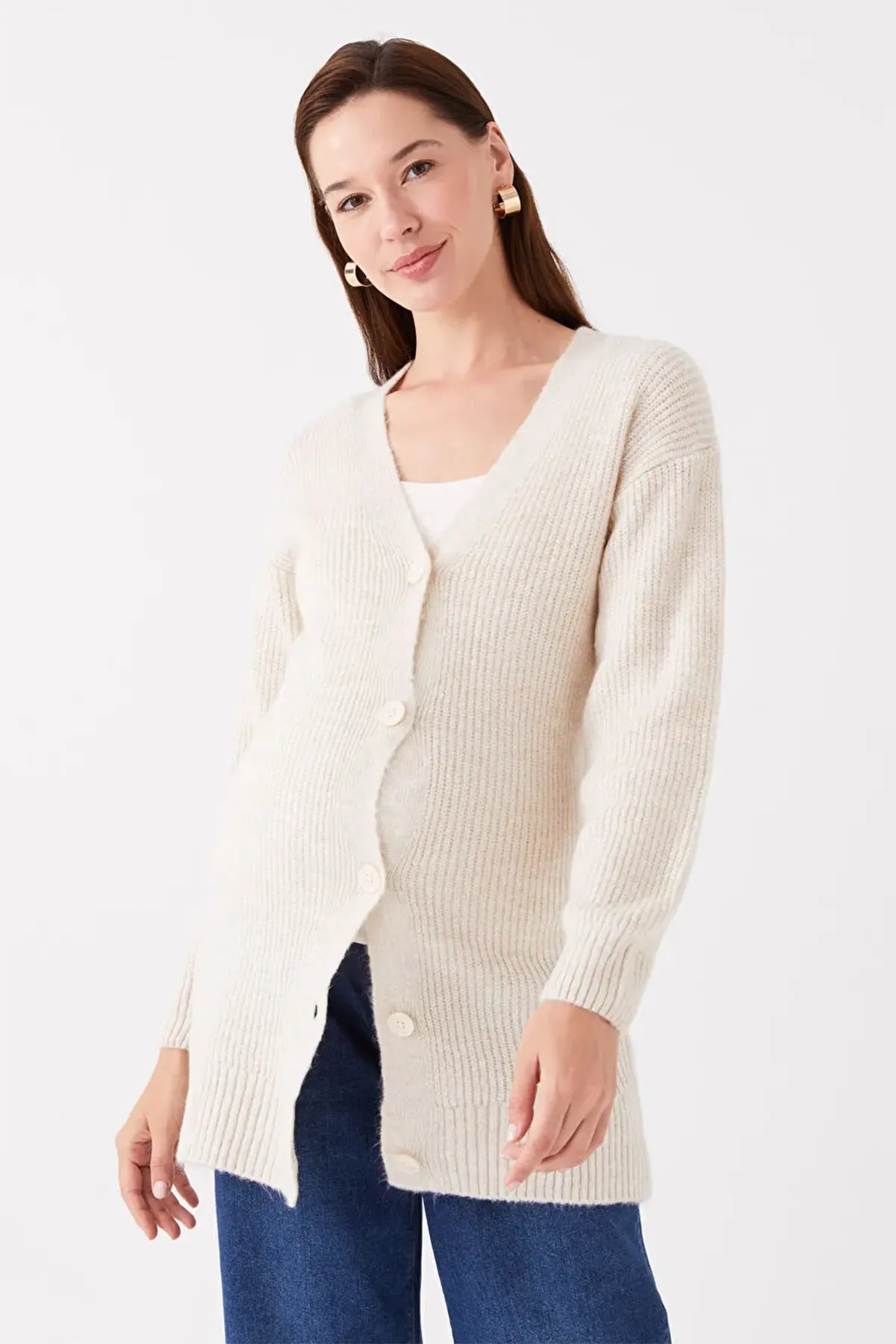 V-Neck Striped Maternity Knit Cardigan Ecru - 8578