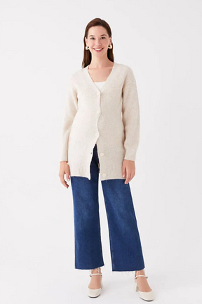 V-Neck Striped Maternity Knit Cardigan Ecru - 8578