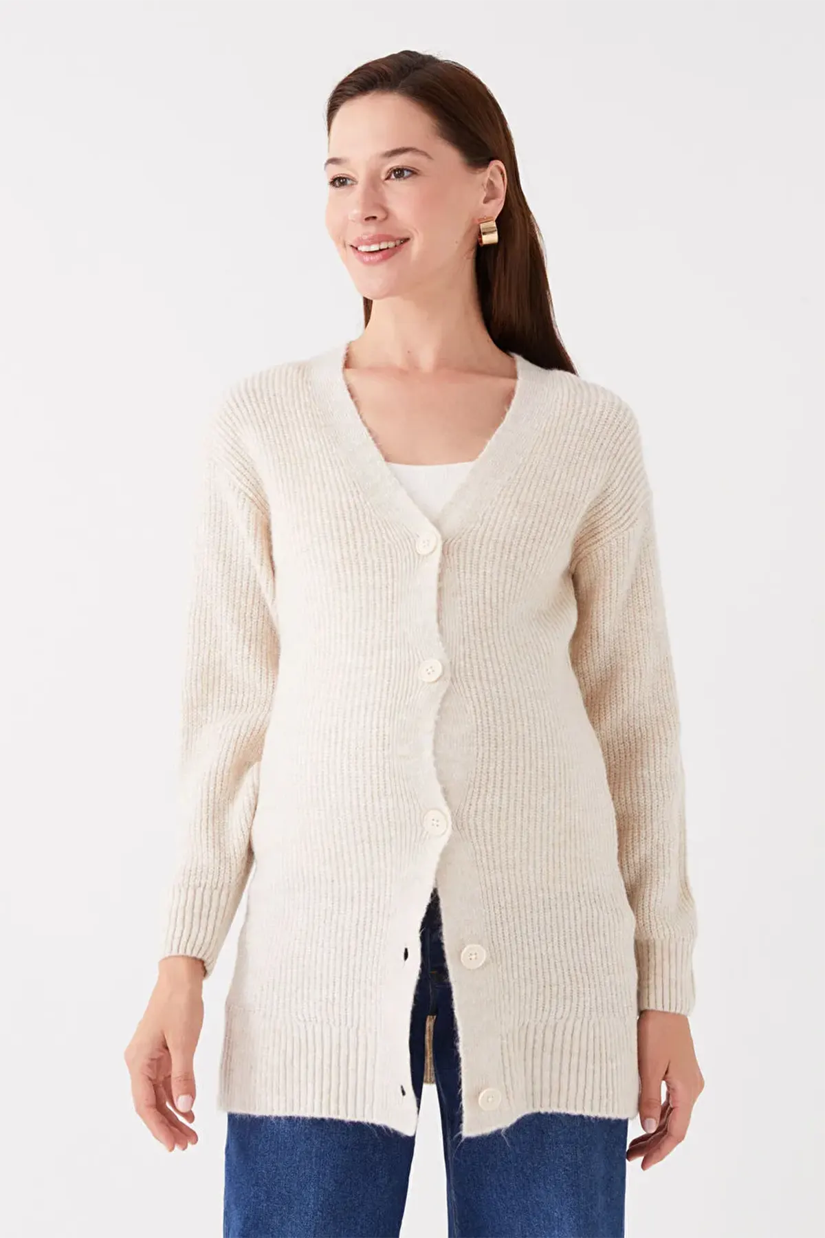 V-Neck Striped Maternity Knit Cardigan Ecru - 8578