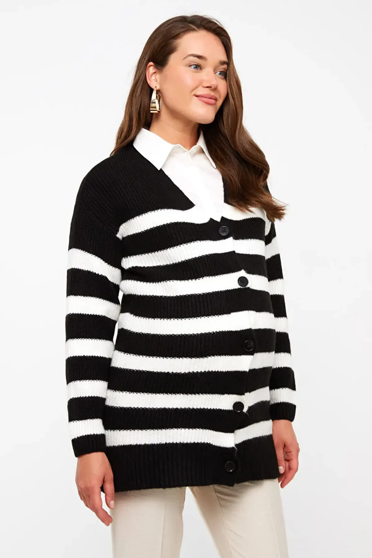 V-Neck Striped Maternity Knit Cardigan Black - 8578