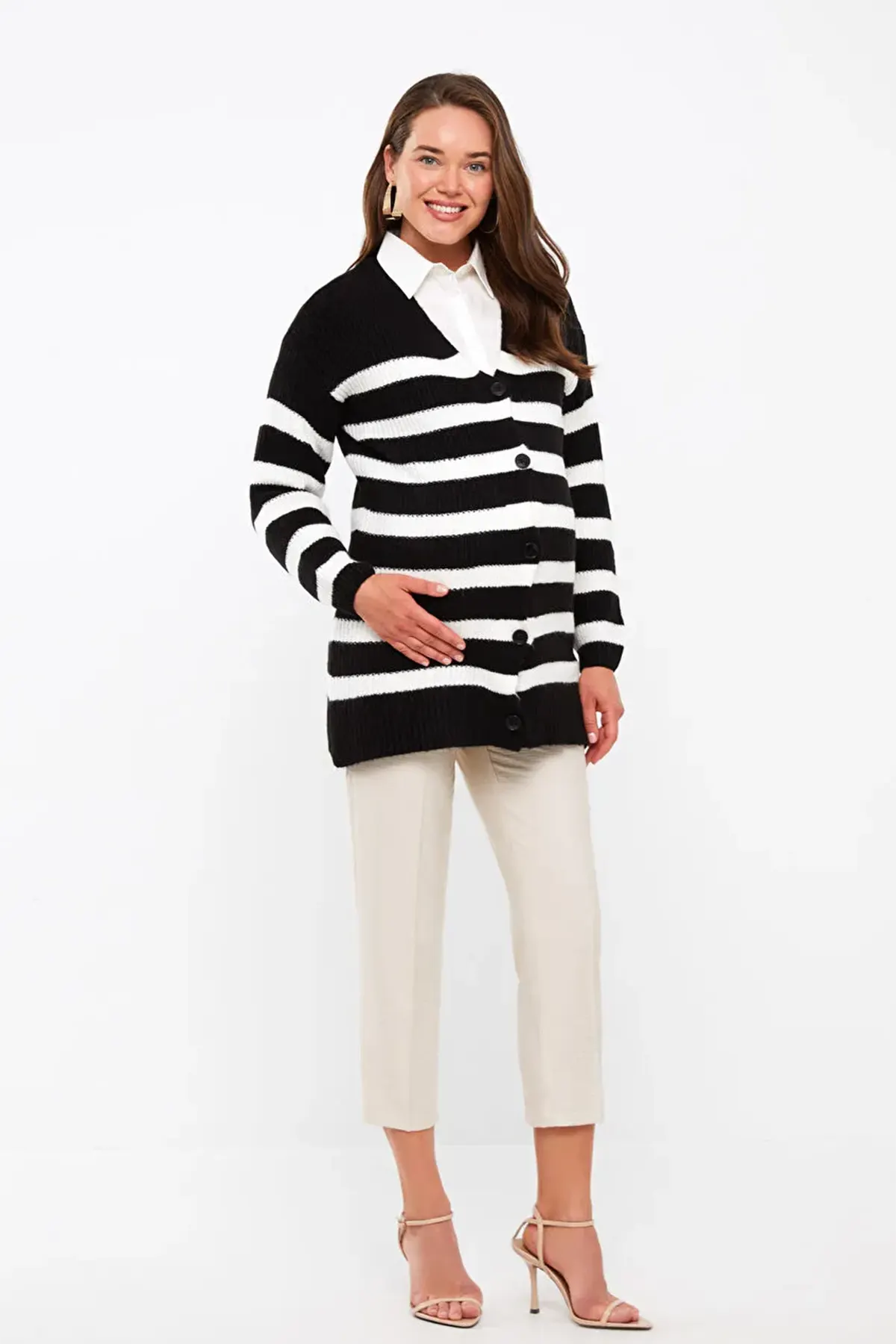 V-Neck Striped Maternity Knit Cardigan Black - 8578