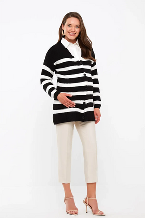 V-Neck Striped Maternity Knit Cardigan Black - 8578