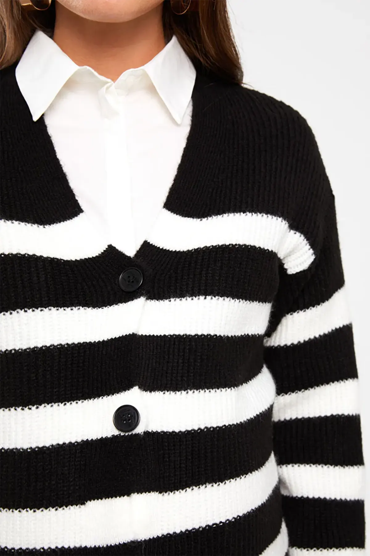 V-Neck Striped Maternity Knit Cardigan Black - 8578