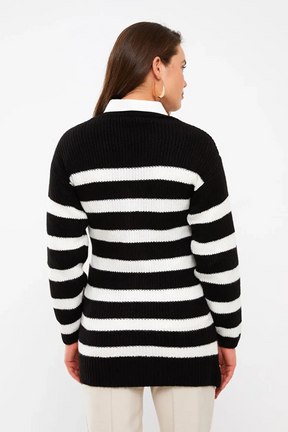 V-Neck Striped Maternity Knit Cardigan Black - 8578