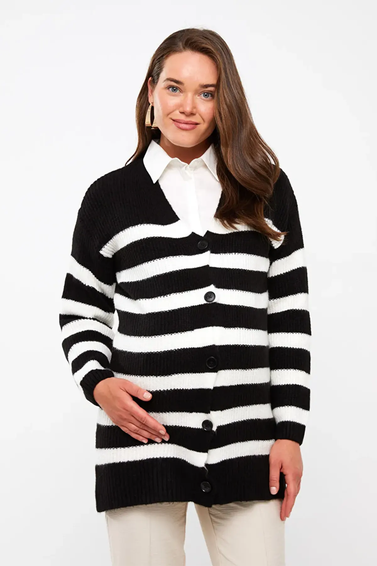 V-Neck Striped Maternity Knit Cardigan Black - 8578