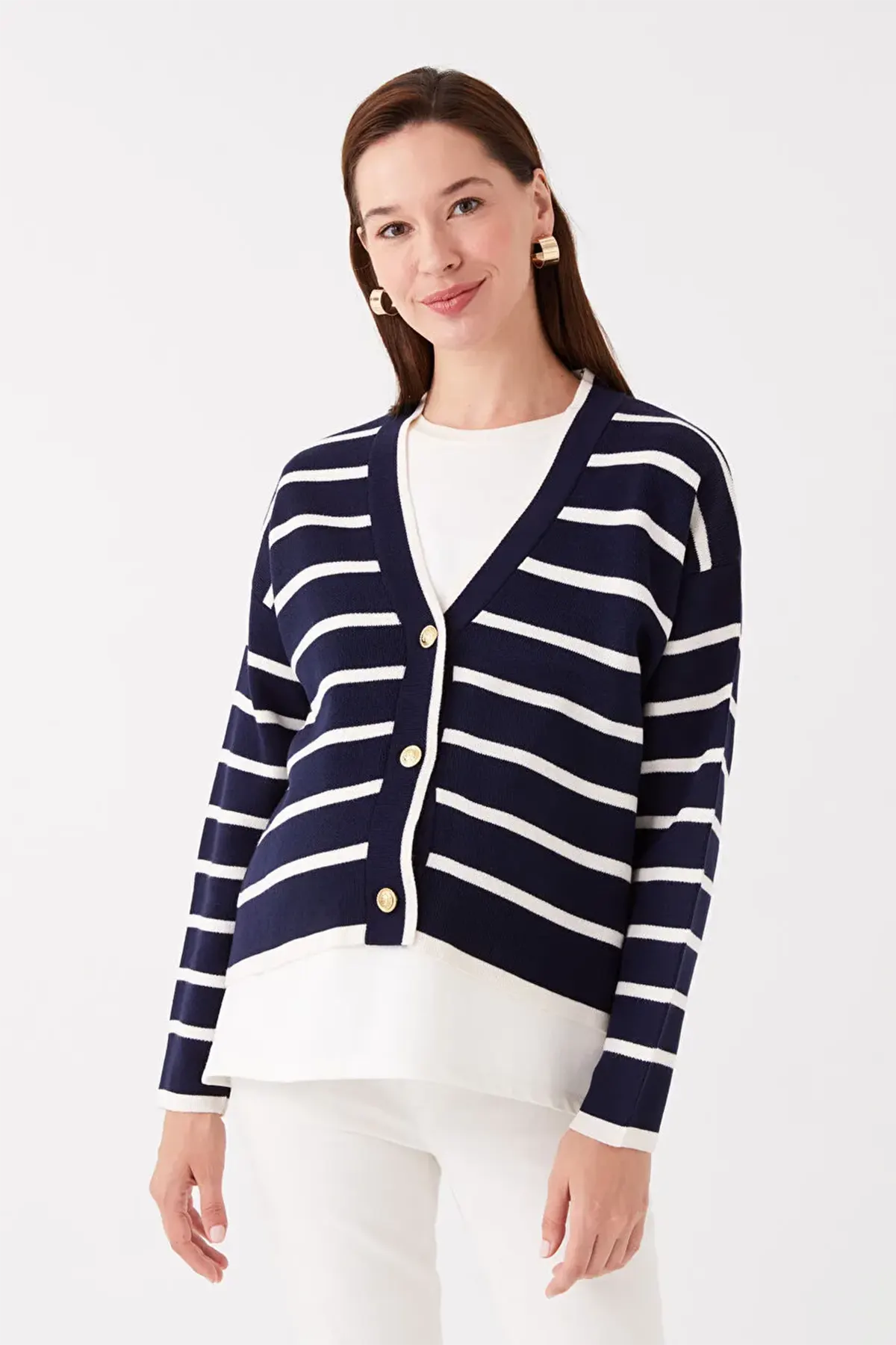 V-Neck Striped Maternity Knit Cardigan Navy Blue - 8587