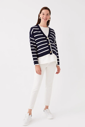 V-Neck Striped Maternity Knit Cardigan Navy Blue - 8587