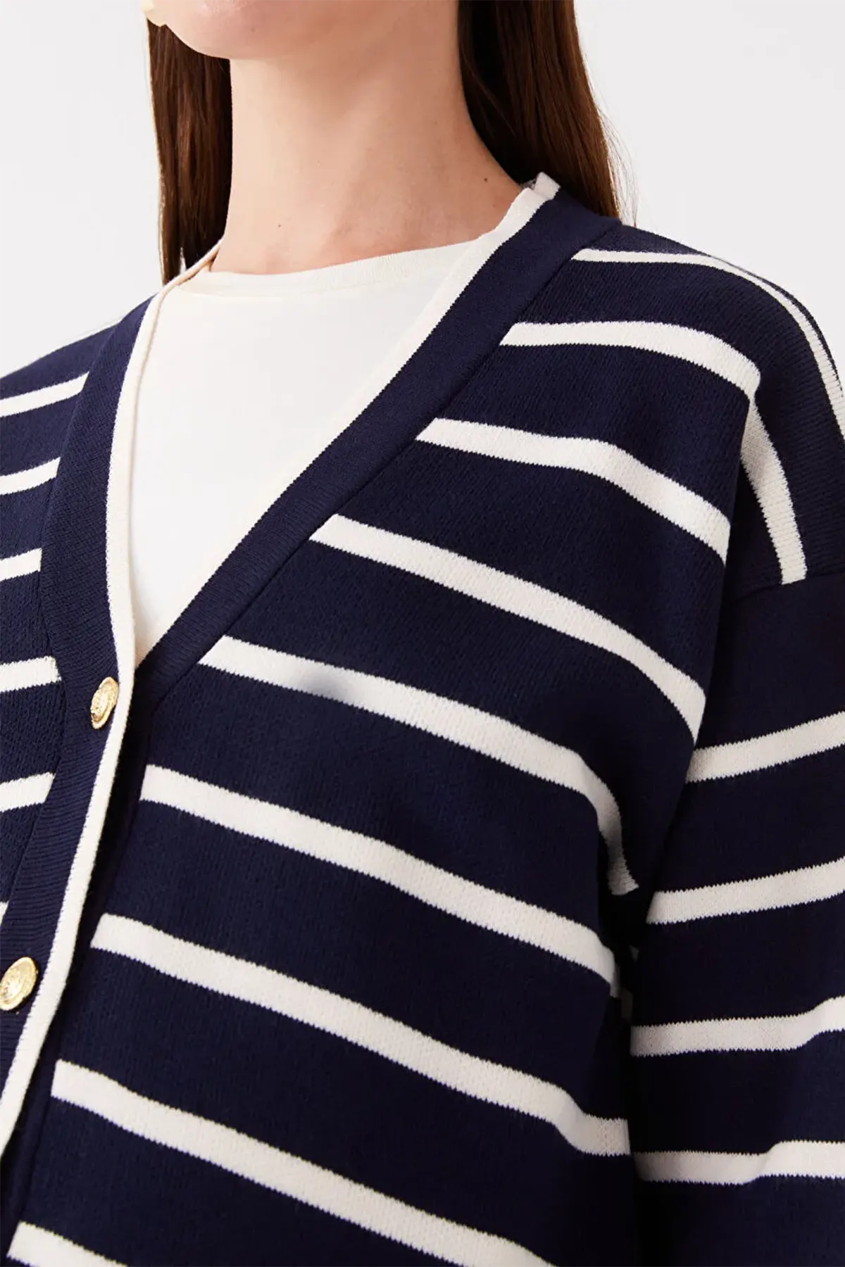 V-Neck Striped Maternity Knit Cardigan Navy Blue - 8587