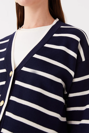 V-Neck Striped Maternity Knit Cardigan Navy Blue - 8587
