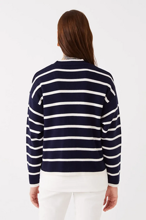 V-Neck Striped Maternity Knit Cardigan Navy Blue - 8587