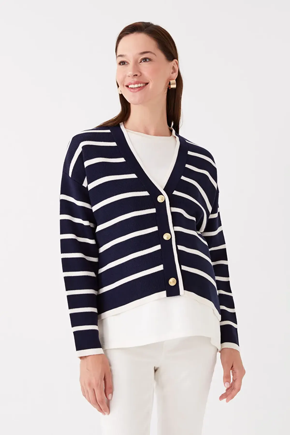 V-Neck Striped Maternity Knit Cardigan Navy Blue - 8587
