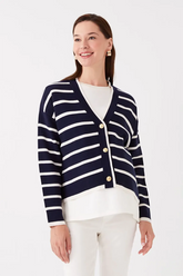 V-Neck Striped Maternity Knit Cardigan Navy Blue - 8587