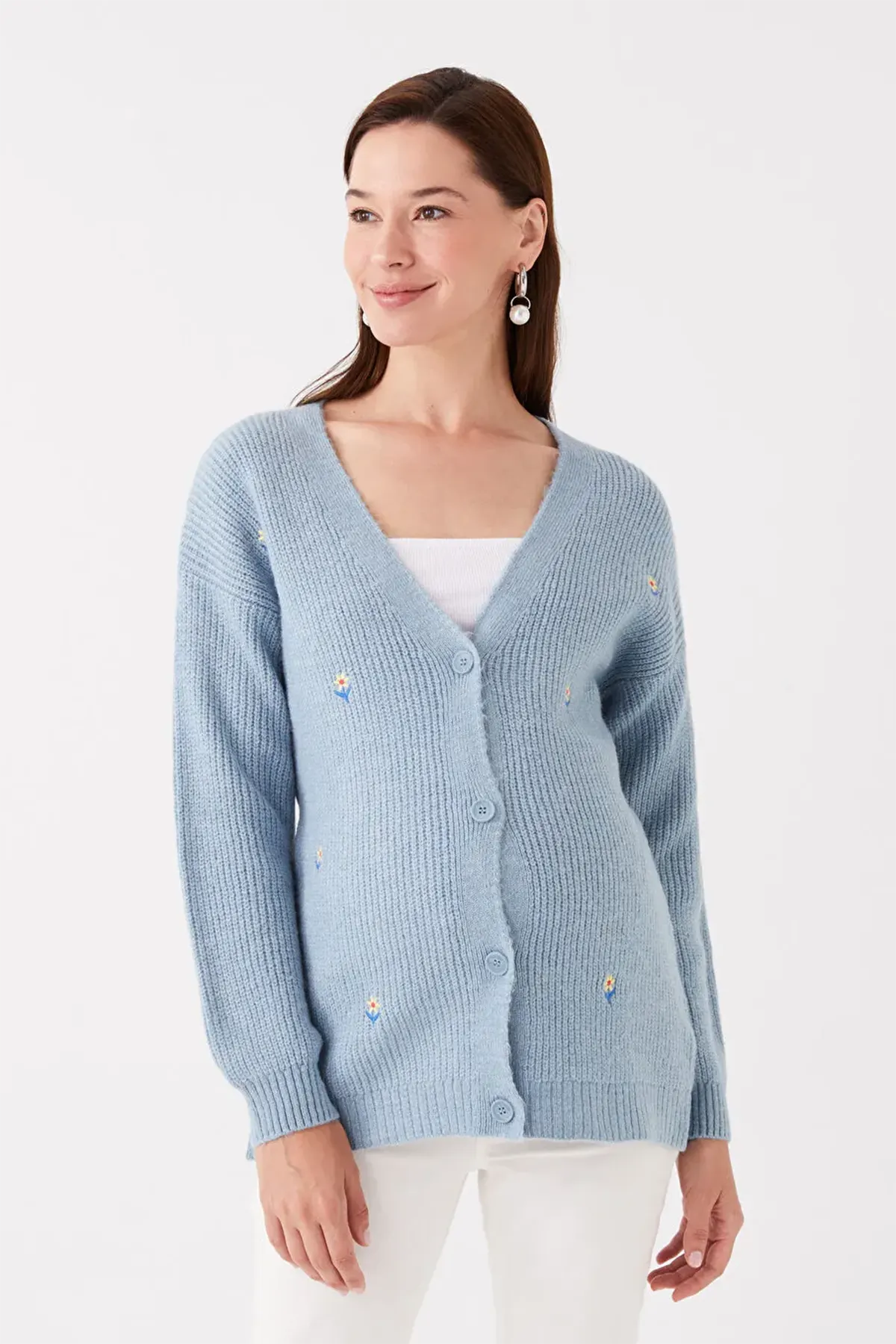 V-Neck Embroidered Maternity Knit Cardigan Blue - 8598