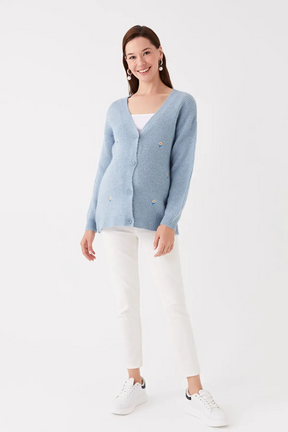 V-Neck Embroidered Maternity Knit Cardigan Blue - 8598