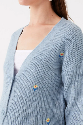V-Neck Embroidered Maternity Knit Cardigan Blue - 8598