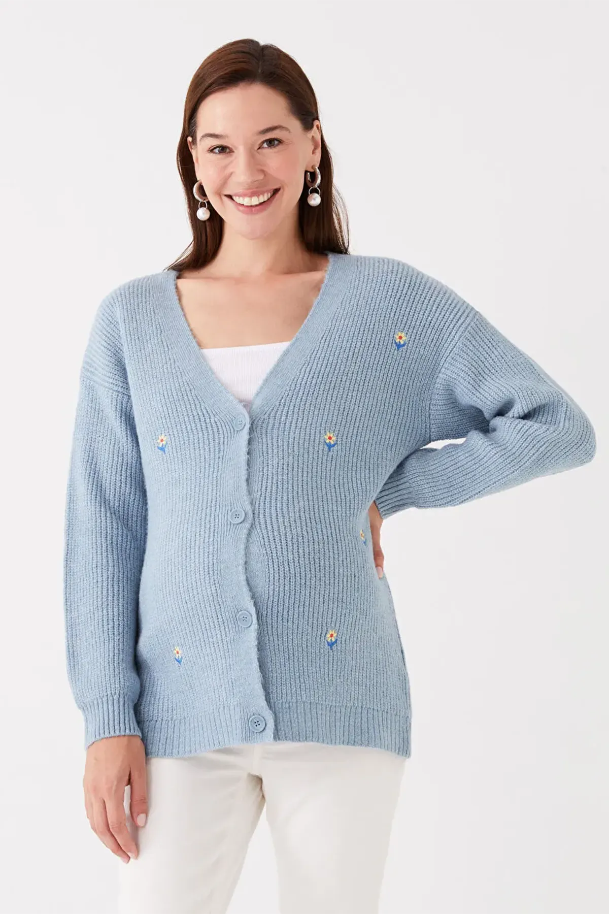 V-Neck Embroidered Maternity Knit Cardigan Blue - 8598