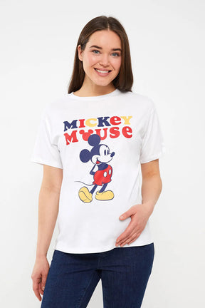 Crew Neck Mickey Mouse® Printed Maternity T-Shirt White - 8607