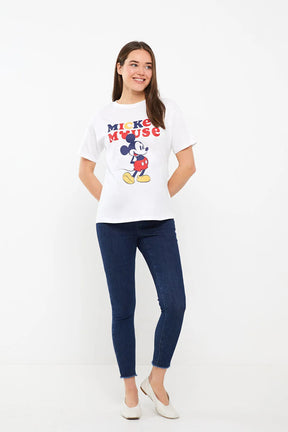 Crew Neck Mickey Mouse® Printed Maternity T-Shirt White - 8607