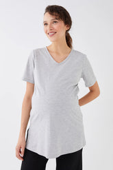 V-Neck Cotton Maternity T-Shirt Grey - 8648