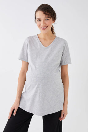 V-Neck Cotton Maternity T-Shirt Grey - 8648