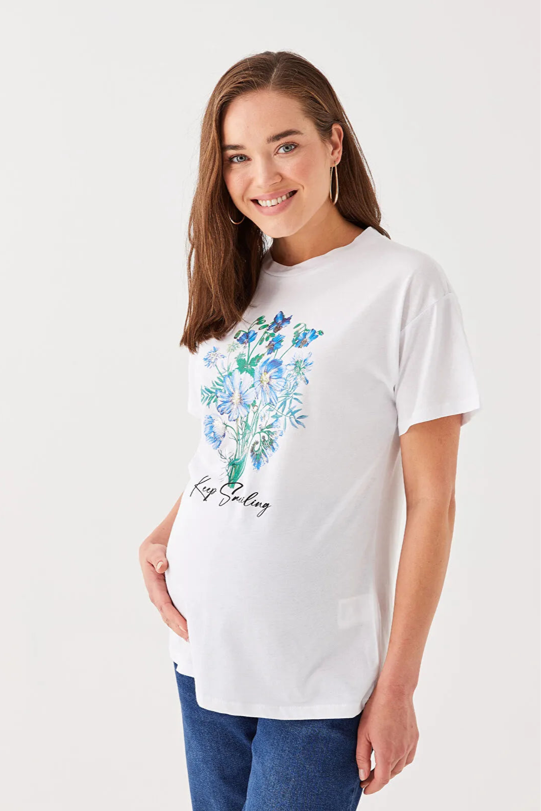 Crew Neck Printed Cotton Maternity T-Shirt White - 8656