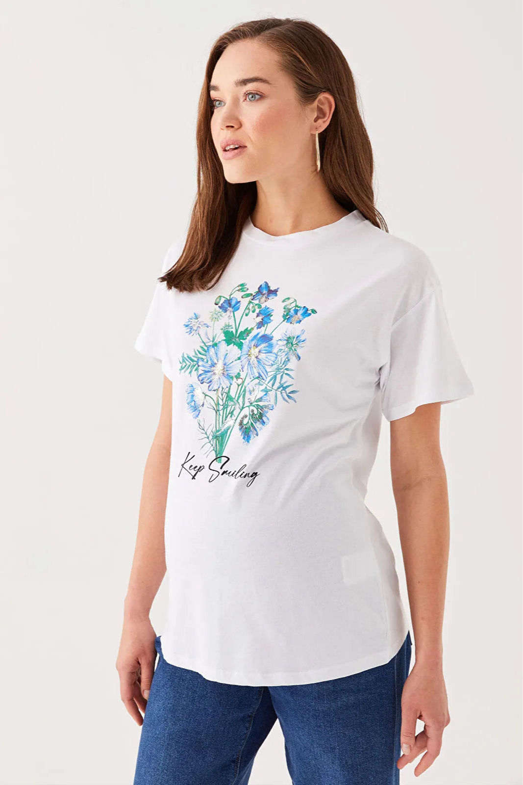 Crew Neck Printed Cotton Maternity T-Shirt White - 8656