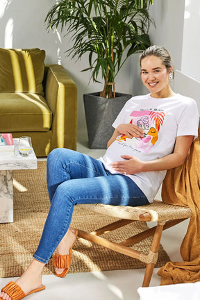 Crew Neck Printed Cotton Maternity T-Shirt White - 8675