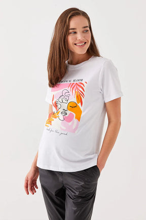 Crew Neck Printed Cotton Maternity T-Shirt White - 8675