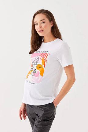 Crew Neck Printed Cotton Maternity T-Shirt White - 8675