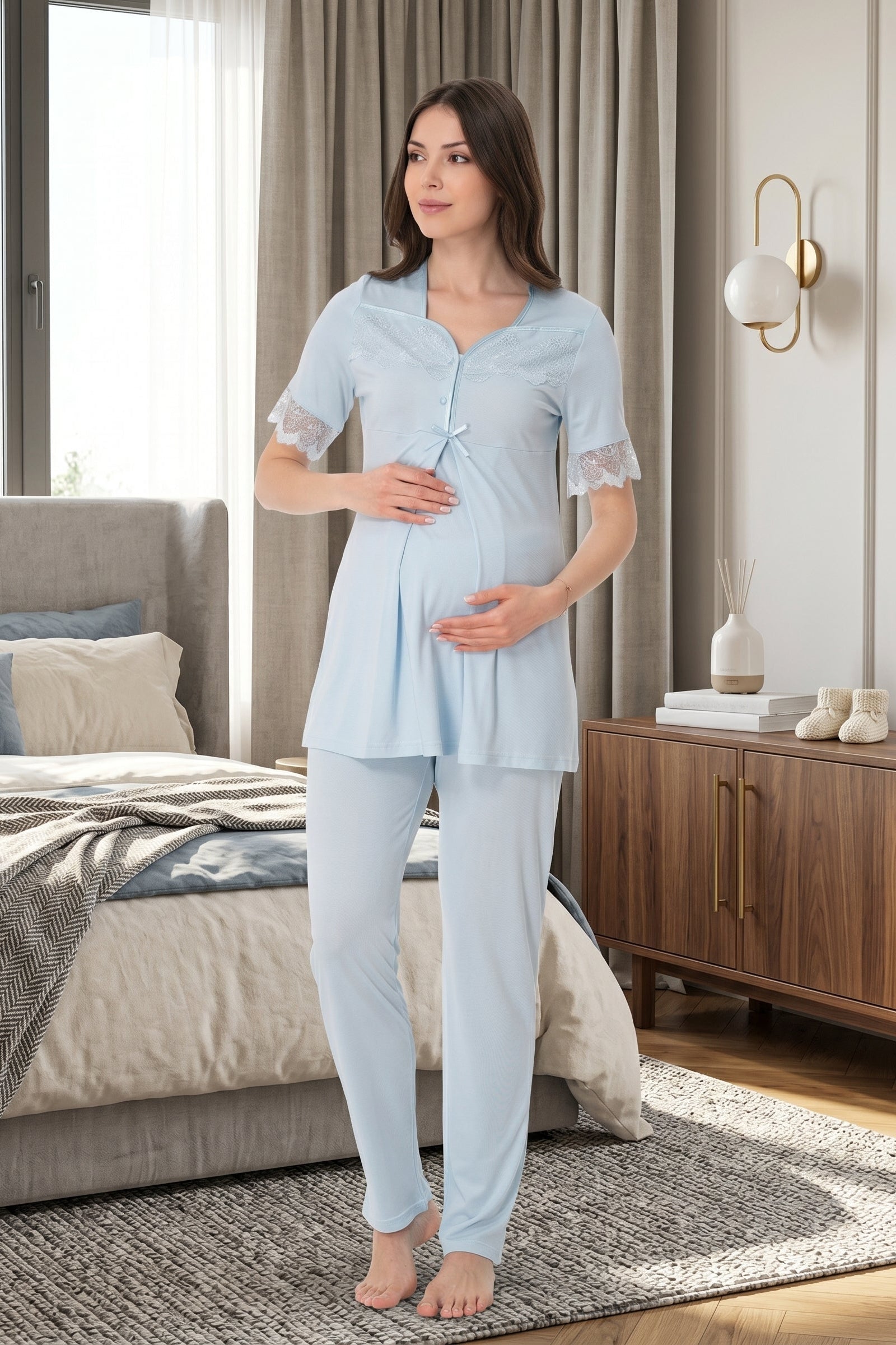 Lace Sleeve Maternity & Nursing Pajama Set Blue - 9012