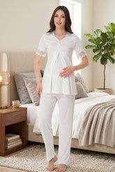Lace Sleeve Maternity & Nursing Pajama Set Ecru - 9012
