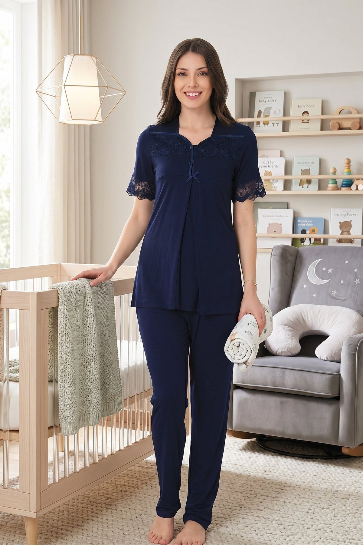 Lace Sleeve Maternity & Nursing Pajama Set Navy Blue - 9012