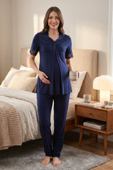 Lace Sleeve Maternity & Nursing Pajama Set Navy Blue - 9012
