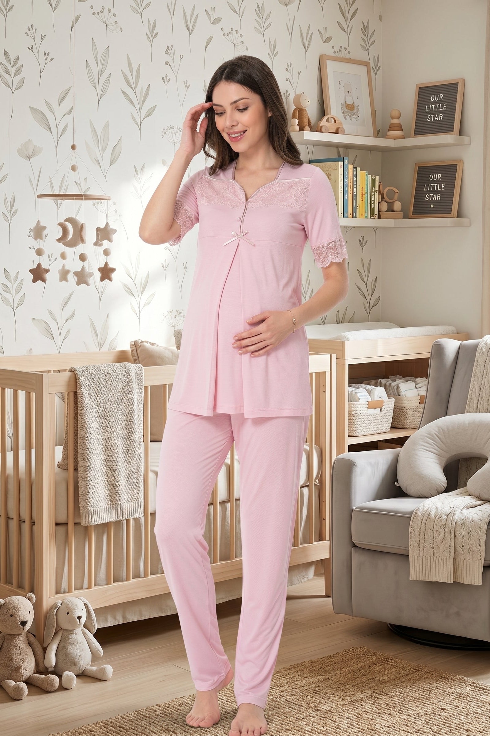 Lace Sleeve Maternity & Nursing Pajama Set Powder - 9012