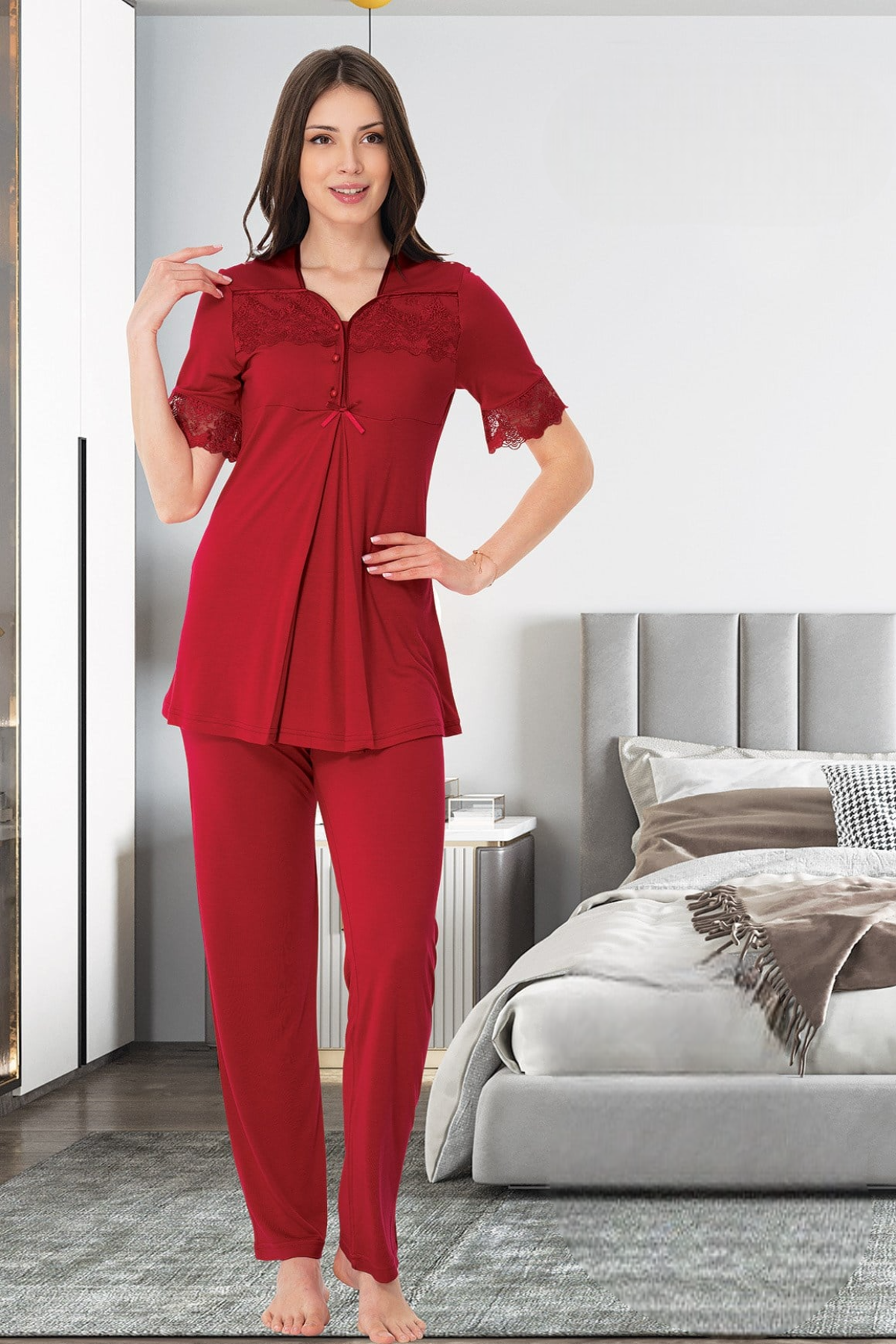 Lace Sleeve 3-Piece Maternity-Nursing Pajama & Lacy Flywheel Arm Robe Set Cherry - 9014