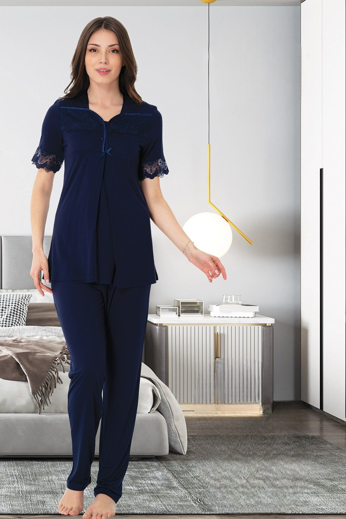 Lace Sleeve 3-Piece Maternity-Nursing Pajama & Lacy Flywheel Arm Robe Set Navy Blue - 9014