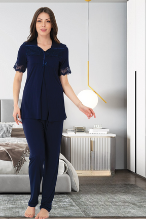 Lace Sleeve 3-Piece Maternity-Nursing Pajama & Lacy Flywheel Arm Robe Set Navy Blue - 9014
