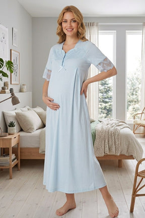 Lace Sleeve Maternity & Nursing Nightgown Blue - 9013