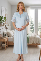 Lace Sleeve Maternity & Nursing Nightgown Blue - 9013