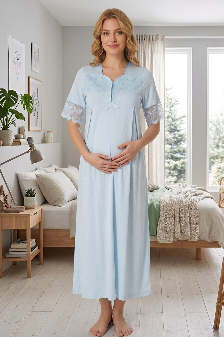 Lace Sleeve Maternity & Nursing Nightgown Blue - 9013