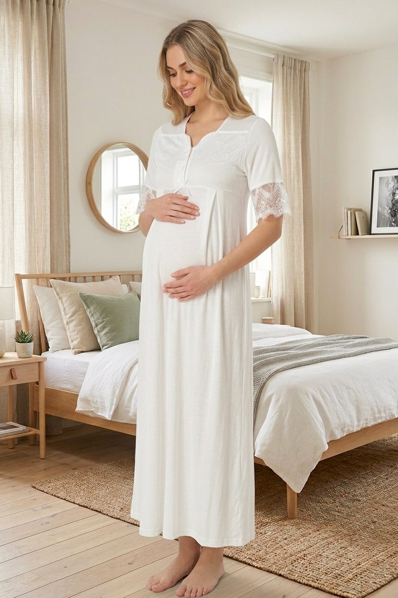 Lace Sleeve Maternity & Nursing Nightgown Ecru - 9013