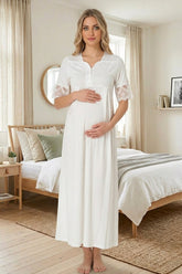 Lace Sleeve Maternity & Nursing Nightgown Ecru - 9013
