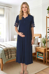 Lace Sleeve Maternity & Nursing Nightgown Navy Blue - 9013
