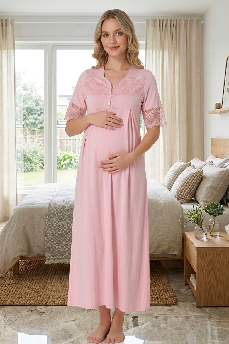 Lace Sleeve Maternity & Nursing Nightgown Powder - 9013
