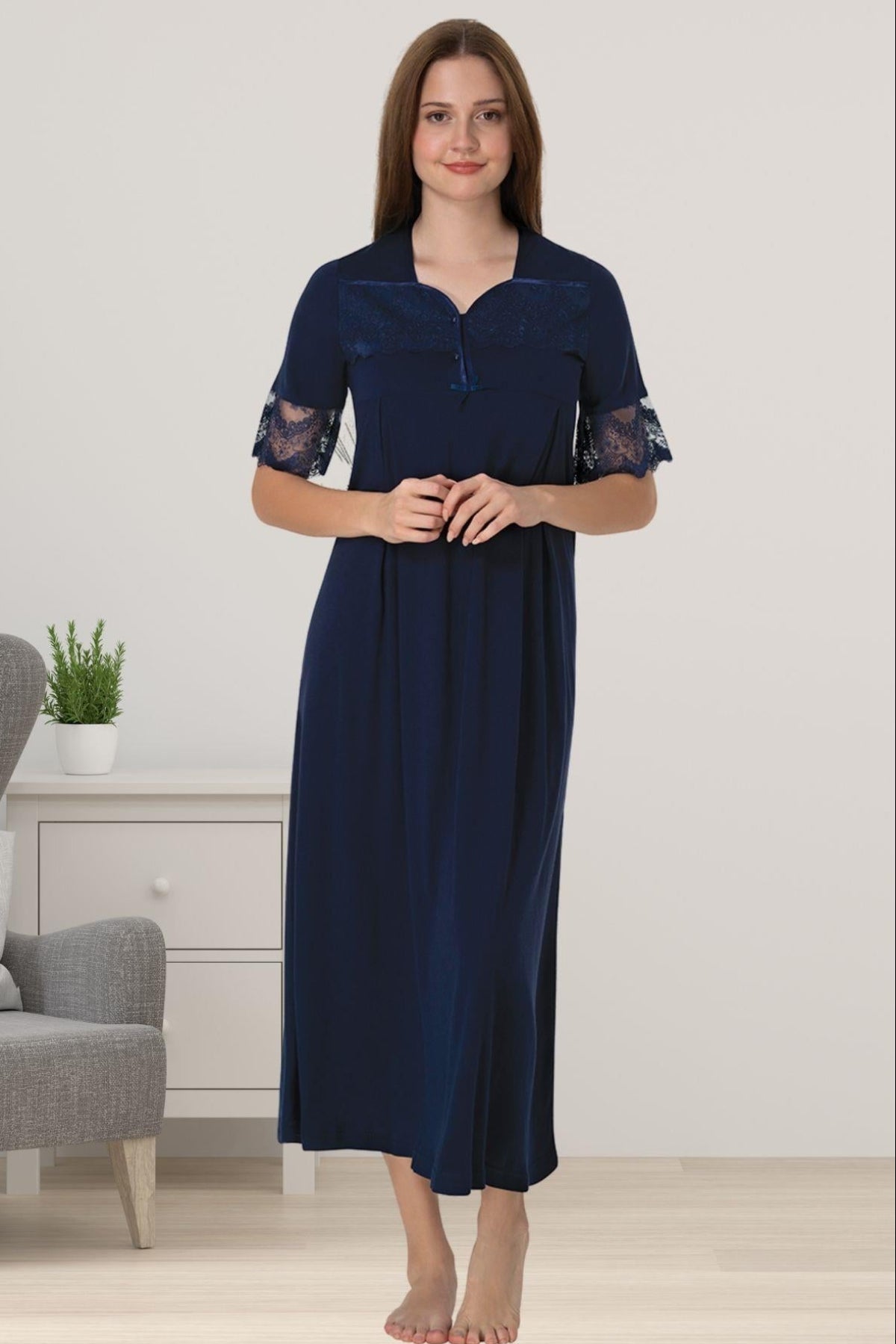 Lace Sleeve Maternity & Nursing Nightgown Navy Blue - 9013