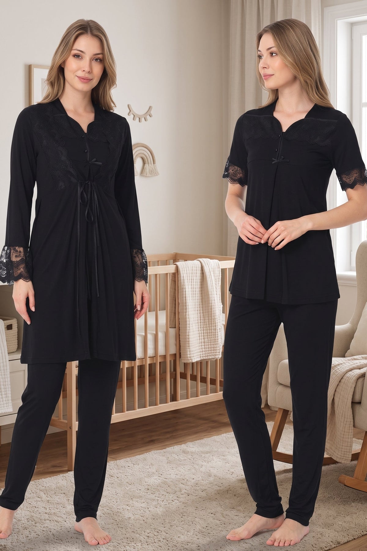 Lace Sleeve 3-Piece Maternity-Nursing Pajama & Lacy Flywheel Arm Robe Set Black - 9014