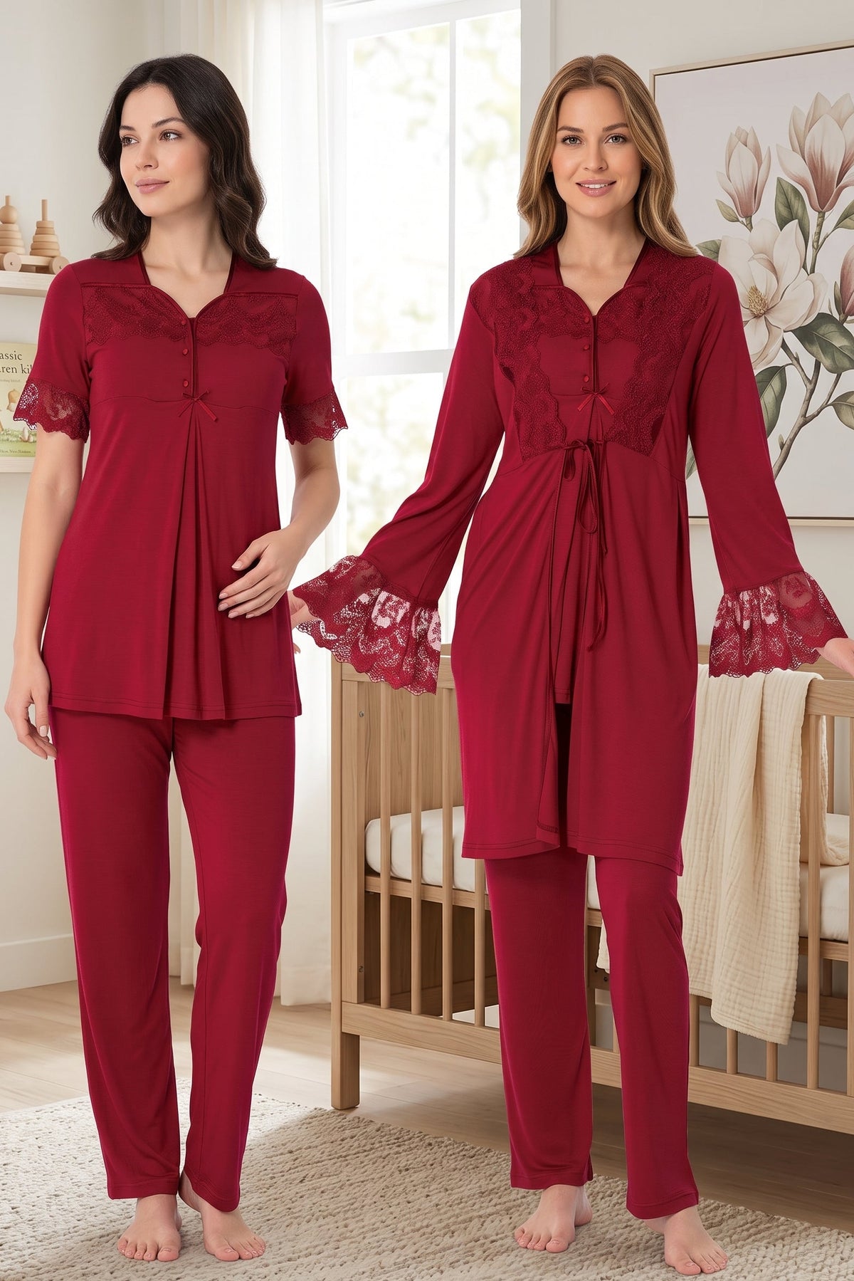 Lace Sleeve 3-Piece Maternity-Nursing Pajama & Lacy Flywheel Arm Robe Set Cherry - 9014